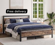 Metal Platform Bed Frame King Size with Wooden Headboard