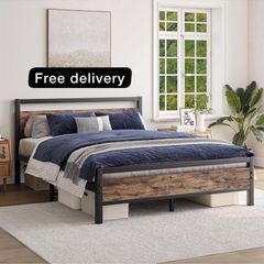 Metal Platform Bed Frame King Size with Wooden Headboard