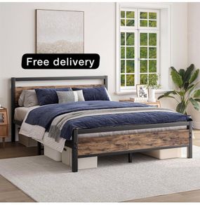 Metal Platform Bed Frame King Size with Wooden Headboard