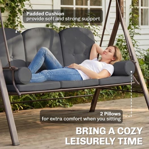 3 Seat Garden Swing Chair Steel Swing Bench w/ Cushions Cup Trays