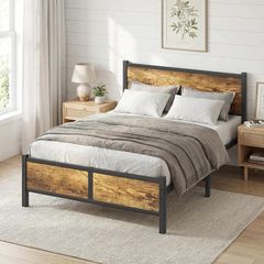4ft6 Double Bed Frame with Headboard, All Heavy Duty Metal Slats Support with Under-Bed Storage, Noise Free, Easy Assembly, No Box Spring Needed