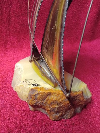 Vintage 1970's Sculpture Brass /  Metal Sailboat On Onyx Stone Base -Signed DeMott