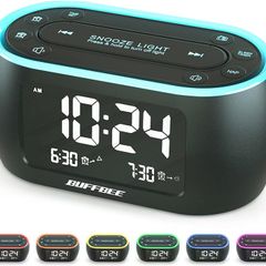Bedside Alarm Clock Radio with 7 Color Night Light,Dual Alarm, Snooze, Dimmer, USB Charger, Nap Timer, Digital Alarm Clock with FM Radio and Auto-Off Timer,Mains Powered with Battery Backup