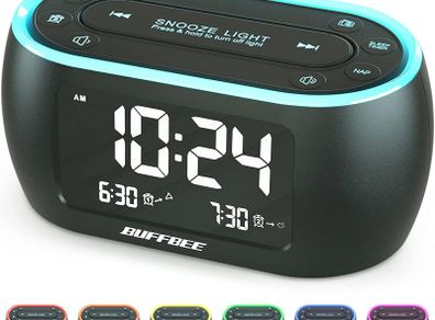 Bedside Alarm Clock Radio with 7 Color Night Light,Dual Alarm, Snooze, Dimmer, USB Charger, Nap Timer, Digital Alarm Clock with FM Radio and Auto-Off Timer,Mains Powered with Battery Backup
