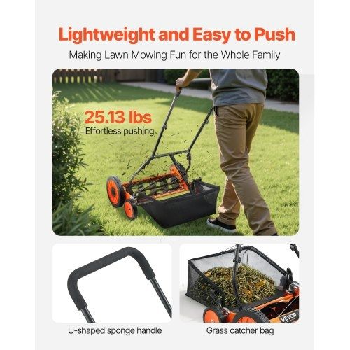 Push Reel Lawn Mower 45 cm, 5 Blades Manual Push Mower No Motor, 35- 62mm Adjustable Cutting Height, Walk-Behind Lawn Mowers with Grass Catcher