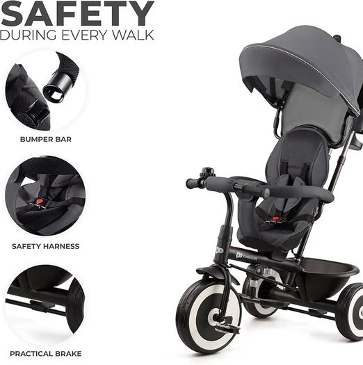 Tricycle, Baby Push Trike, Kids First Bike, Free Wheel Functions, Parenthandle, Footrest, Accessories, Bag, Cupholder, from 9 Months to 5 Years, Gray