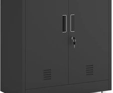 Metal Storage Cupboard with Locking Doors and Adjustable Shelf, Small Lockable Sideboard Buffet Cabinet for Home Office Hallway Entryway Living Dining Room (Black)