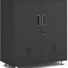 Metal Storage Cupboard with Locking Doors and Adjustable Shelf, Small Lockable Sideboard Buffet Cabinet for Home Office Hallway Entryway Living Dining Room (Black)