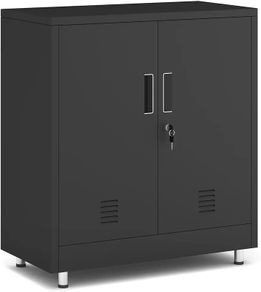 Metal Storage Cupboard with Locking Doors and Adjustable Shelf, Small Lockable Sideboard Buffet Cabinet for Home Office Hallway Entryway Living Dining Room (Black)