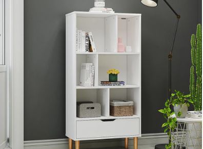 BRAND NEW Storage Cabinet Shelves Unit 6 Cube Bookshelf Freestanding With 1 Drawer Wooden Legs Display