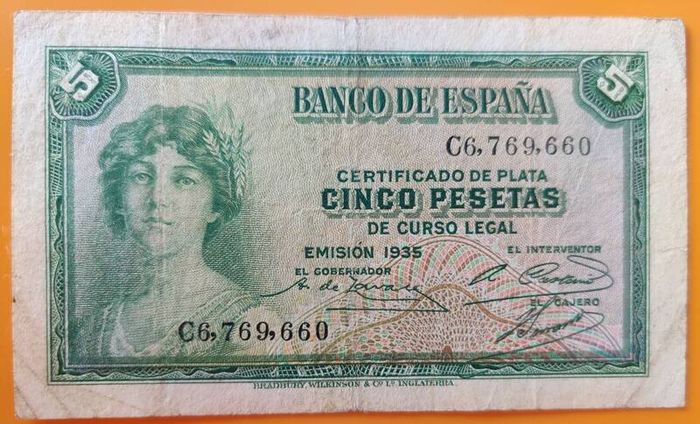1935 Spain 5 Pesetas. Banknote