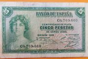 1935 Spain 5 Pesetas. Banknote