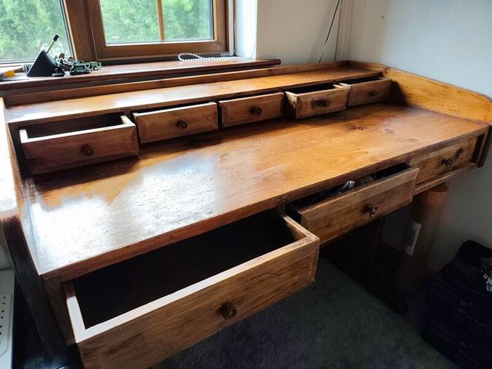 Large Vintage Solid Wood Pine Desk with Multiple Drawers