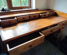 Large Vintage Solid Wood Pine Desk with Multiple Drawers