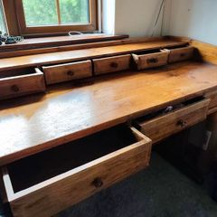 Large Vintage Solid Wood Pine Desk with Multiple Drawers