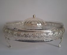 Mid-Century Chrome & Cut Glass Serving Dish