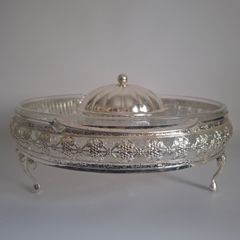 Mid-Century Chrome & Cut Glass Serving Dish