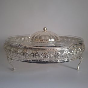 Mid-Century Chrome & Cut Glass Serving Dish