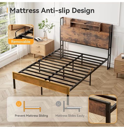 Double Bed Frame with Charging Station(2AC, 2USB) and LED, 135x190 Open Storage Shelves, Wooden Headboard, Metal Small Double Bed Frame with Underbed Storage, Strong Metal Slat Support