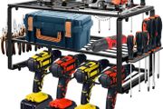 Power Tool Organizer Storage Rack, Wall Mount Drill Holder Charging Station for 4 Power Drill Tools, Cordless Battery Tool Shelving with Side Screwdriver Rack for Garage, Workshop (FREE POSTAGE)