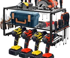 Power Tool Organizer Storage Rack, Wall Mount Drill Holder Charging Station for 4 Power Drill Tools, Cordless Battery Tool Shelving with Side Screwdriver Rack for Garage, Workshop (FREE POSTAGE)