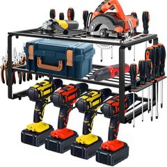 Power Tool Organizer Storage Rack, Wall Mount Drill Holder Charging Station for 4 Power Drill Tools, Cordless Battery Tool Shelving with Side Screwdriver Rack for Garage, Workshop (FREE POSTAGE)