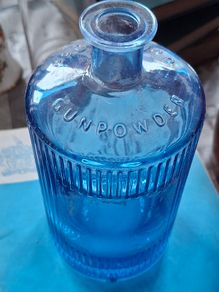 Beautiful Old Blue Glass Gunpowder Gin Bottle, Embossed Gunpowder, Postage Available or Collection