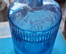 Beautiful Old Blue Glass Gunpowder Gin Bottle, Embossed Gunpowder, Postage Available or Collection