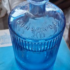 Beautiful Old Blue Glass Gunpowder Gin Bottle, Embossed Gunpowder, Postage Available or Collection