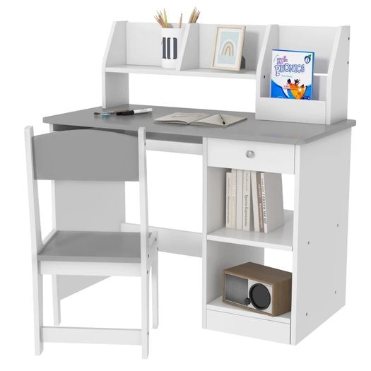 Two-Piece Kids Desk and Chair Set with Storage, for Ages 5-8 Years - Grey