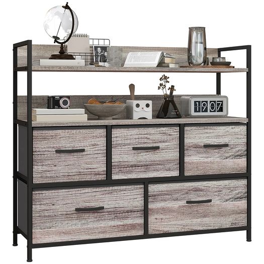 Rustic Chest of Five Fabric Drawers - Grey Wood Effect