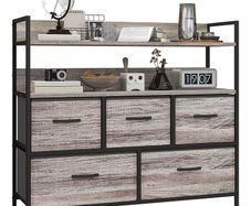 Rustic Chest of Five Fabric Drawers - Grey Wood Effect