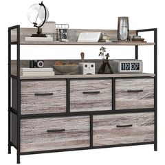 Rustic Chest of Five Fabric Drawers - Grey Wood Effect