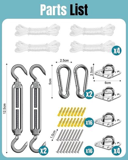 Sun Shade Sail Fixing Kit - Sail Shade Hardware Kit 304 Stainless Steel, Sun Shade Sail Hardware Kit for Garden Rectangle/Square, Heavy Duty Sun Sail Hardware Kit Installation 40 Pcs (FREE SHIPPING)