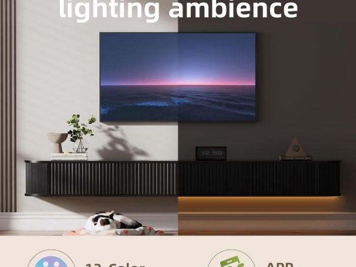 Floating TV Stand Unit with RGB LED Light - 180CM Wall Mounted TV Cabinet with Upgraded Storage & Rounded Edges, Modern TV Media Console for 65-75 Inch TVs