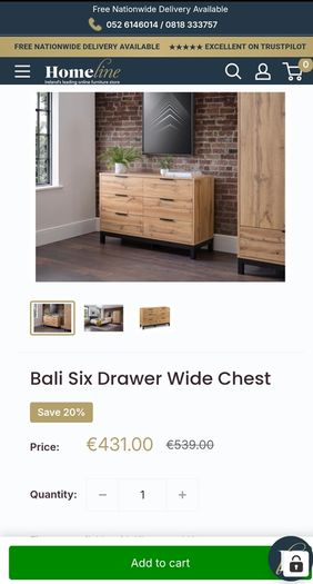 New Bali Six Drawer Chest 40 D x 120 W x 77 cm