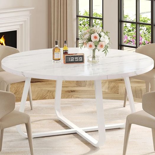 White Faux Marble Round Dining Circle Dining Desk Kitchen Shelf 4-6 People, Mid-Century Pedestal Dinner Table End Coffee Desk Office Living Room Table, White Marble, 51 Inch
