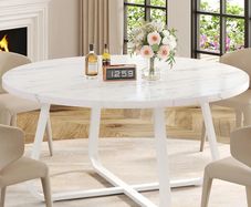 White Faux Marble Round Dining Circle Dining Desk Kitchen Shelf 4-6 People, Mid-Century Pedestal Dinner Table End Coffee Desk Office Living Room Table, White Marble, 51 Inch