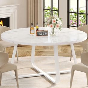 White Faux Marble Round Dining Circle Dining Desk Kitchen Shelf 4-6 People, Mid-Century Pedestal Dinner Table End Coffee Desk Office Living Room Table, White Marble, 51 Inch