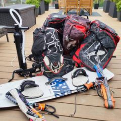 Complete Kitesurfing Setup 4 Kites Board, Bars, Harness & Pump