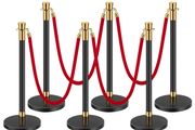 Stanchion Post, 6 Pcs Crowd Control Barrier with 4 Red Velvet Ropes, 5 ft Stainless Steel Black Stanchion Post Queue with Sand Injection Hollow Base for Theater, Party, Wedding, Exhibition