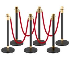 Stanchion Post, 6 Pcs Crowd Control Barrier with 4 Red Velvet Ropes, 5 ft Stainless Steel Black Stanchion Post Queue with Sand Injection Hollow Base for Theater, Party, Wedding, Exhibition