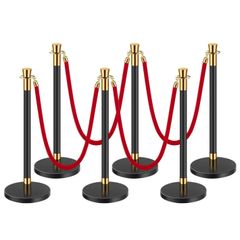 Stanchion Post, 6 Pcs Crowd Control Barrier with 4 Red Velvet Ropes, 5 ft Stainless Steel Black Stanchion Post Queue with Sand Injection Hollow Base for Theater, Party, Wedding, Exhibition