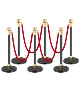 Stanchion Post, 6 Pcs Crowd Control Barrier with 4 Red Velvet Ropes, 5 ft Stainless Steel Black Stanchion Post Queue with Sand Injection Hollow Base for Theater, Party, Wedding, Exhibition