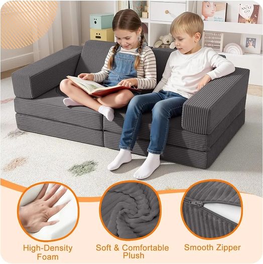 Corduroy Kids Play Sofa, 10-Pieces Toddler Chair, Light Grey Fold Out Bed Foam Modular Couch for Girls Boys, Convertible Armchair Children Sectional Playset for Playroom