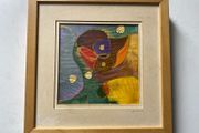 pictureAbstract silk painting or batik featuring geometric and organic shapes signed