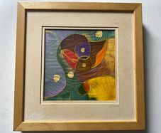 pictureAbstract silk painting or batik featuring geometric and organic shapes signed