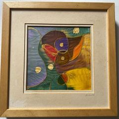 pictureAbstract silk painting or batik featuring geometric and organic shapes signed