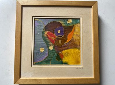 pictureAbstract silk painting or batik featuring geometric and organic shapes signed