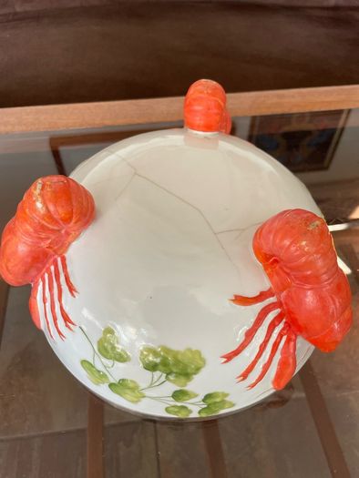 Antique WMF Lobster and Seaweed Silver Plated Trim Porcelain Round Serving Bowl 1920s
